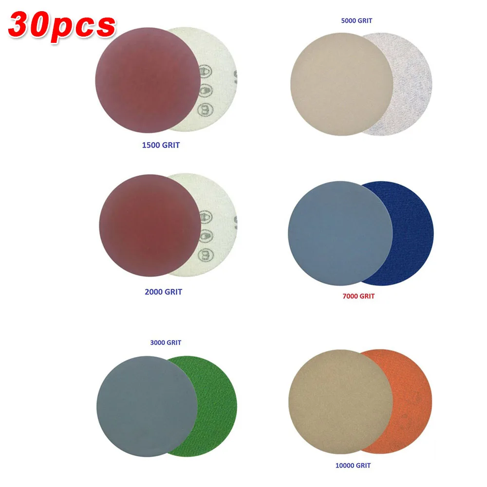 

30PCS Sandpaper Inch Sanding Discs Hook Loop SandpaperGrit 1500/2000/3000/5000/7000/10000 Round Sandpaper Disk Sand Sheet