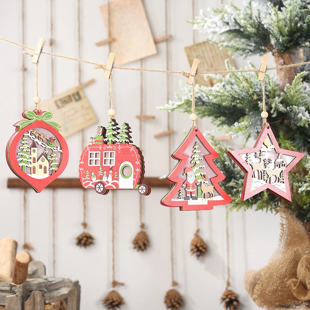 

1pcs Christmas Tree Pendant Hollow Wooden Pendant Creative Lighted Trolley Tree Ornaments DIY Xmas Tree Decoration Hanging