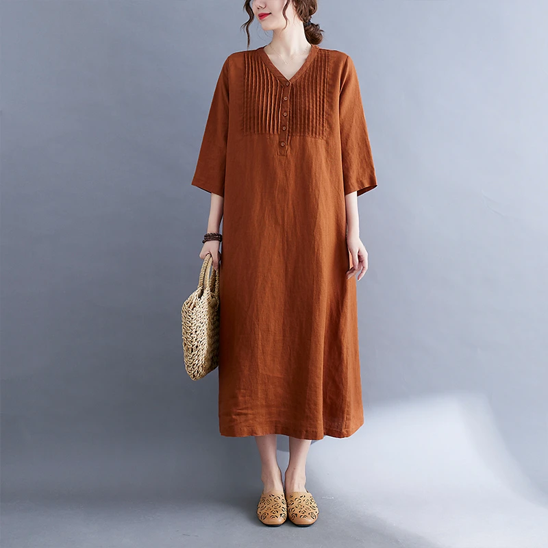 

Korean Fashion Button Cotton Linen Chic Orange Summer Dresses For Women 2022 Casual Office Loose Long Femme Dress Elegant Clothe