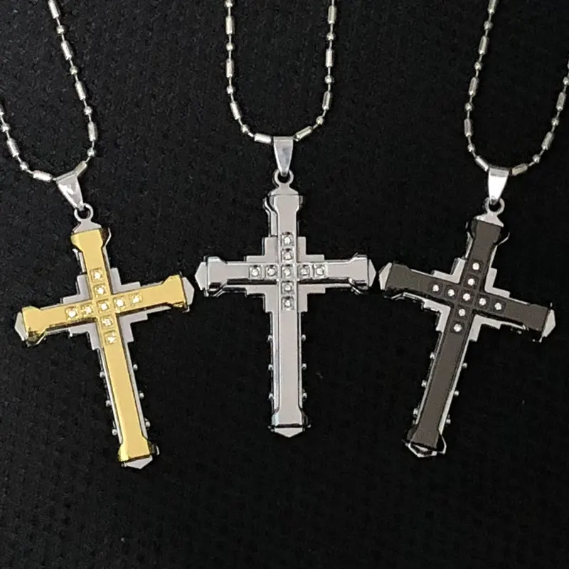 

New Hot Sale Necklace for Men Jesus Crystal Cross Pendant Necklace Gold Silver Color and Black Cross Necklace Fashion Jewelry