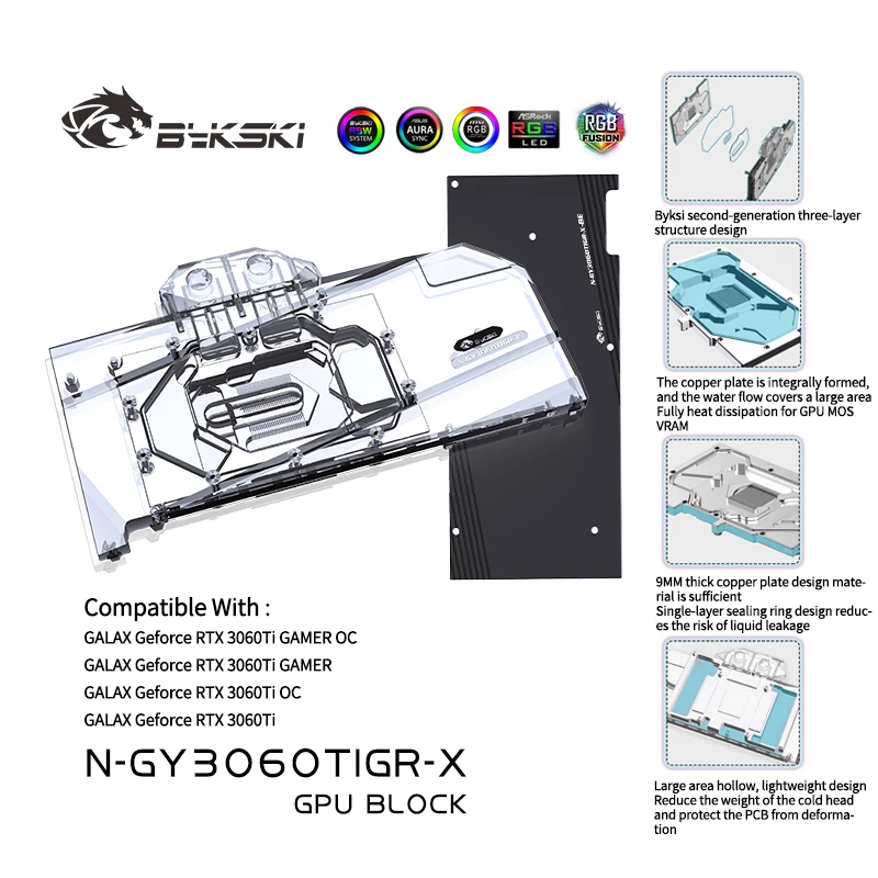 

Bykski GPU Water Cooler For GALAXY RTX 3060TI GAMER OC/3060 TI Starshine OC, VGA Block With Back Plate,5V/12V N-GY3060TIGR-X