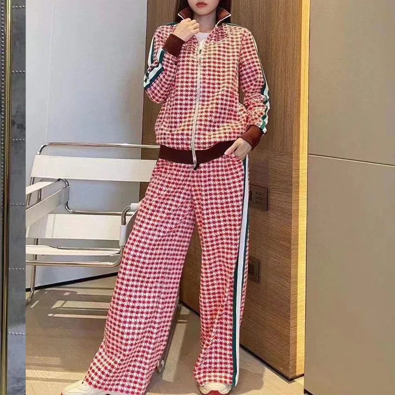 

2021 Autumn Winter Woman's Set Zipper Coat + Wide Leg Pants Letter Printed Loose Suits Hign Quality 2 Pieces