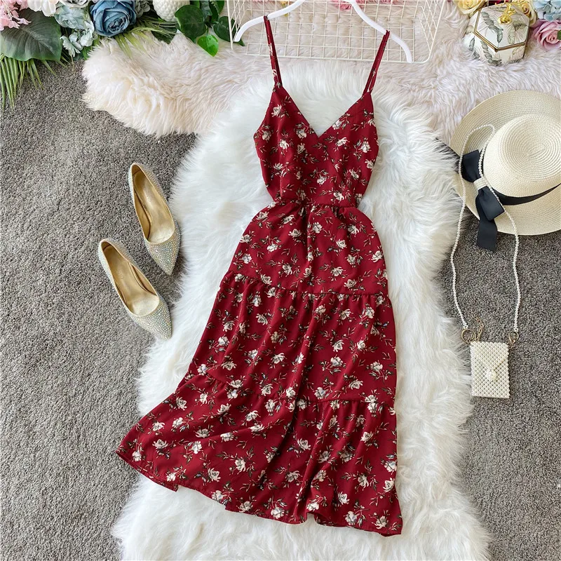OCEANLOVE Sommer Kleid dracken Цветочные винтажные Strand Stil Frauen Kleider V ausschnitt Hohe Taille 2020 Koreanische Mode