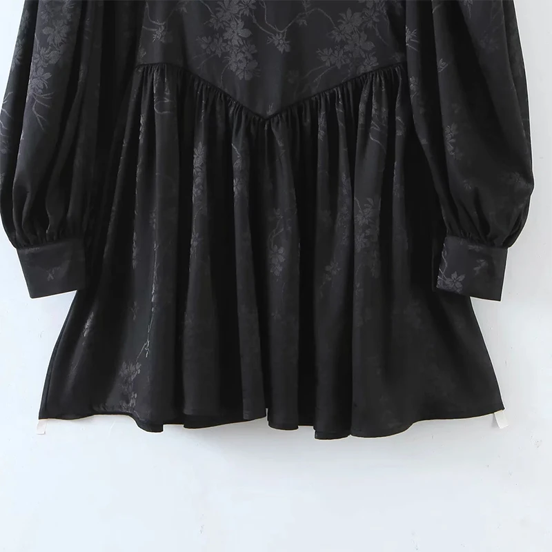 

Women's Dresses V neck High Waist Mini Dress Floral Printing Black Dress Mujer Vestidos Femme Robe Puff Sleeves Elegant Dersses,
