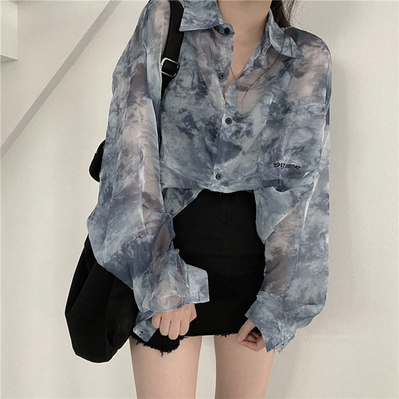 

Summer Women Lantern Long Sleeve Korean Fashion Chic Thin Sun Protection Shirts Loose Transparent Tshirts Female Casual Tops