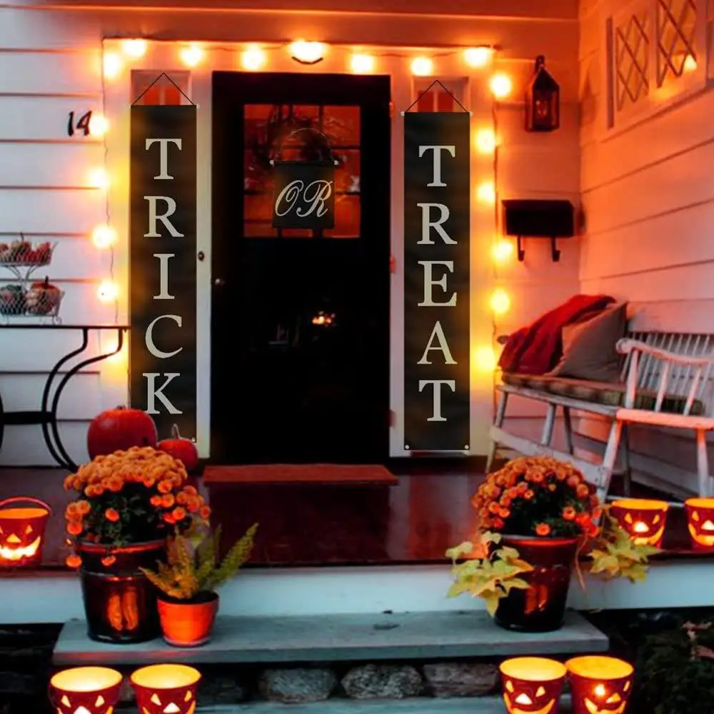 

3X Trick OR Treat Banner Halloween Porch Sign Outdoor Indoor Hanging Sign with Bat Skull Spider for Halloween Garden Home Decor
