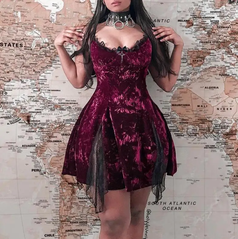 

Vintage Dark Goth Split A-Line Dress Punk Grunge Women Sexy V-Neck Lace Splice Mini Dresses Gothic Y2K Aesthetic Velvet Dress