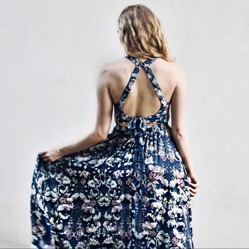 Богемный Вдохновленный летнее платье цветочный принт Холтер без рукавов