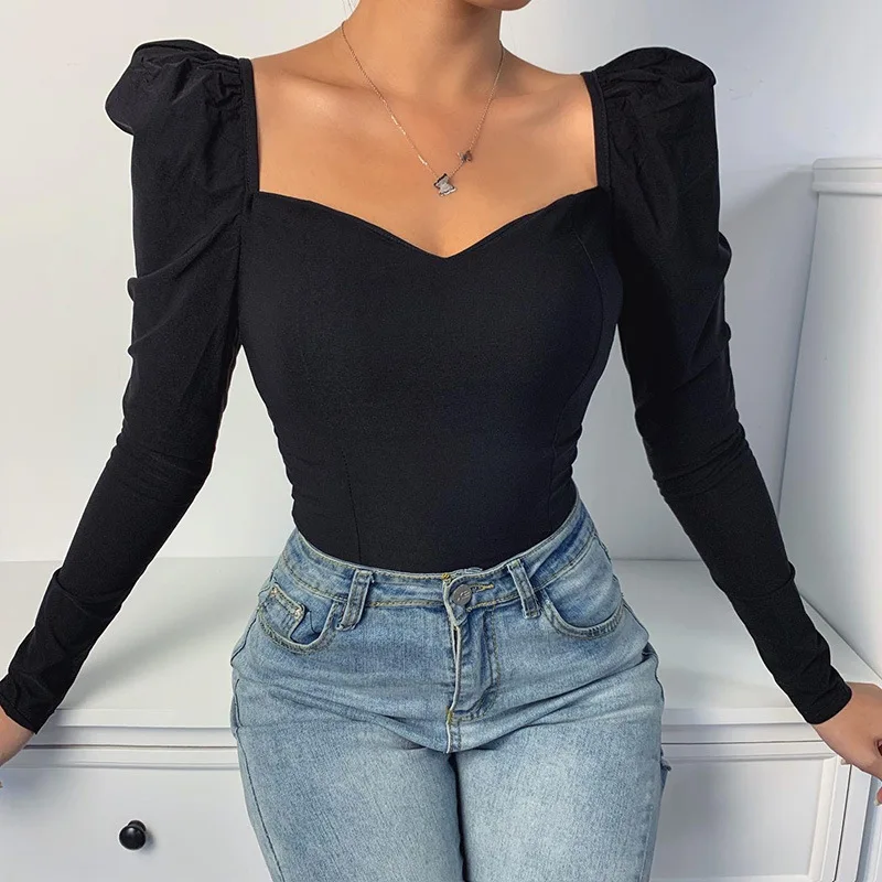 

South Korean autumn 2020 pure color retro new blouses bubble sleeves square sexy small V-neck slim top