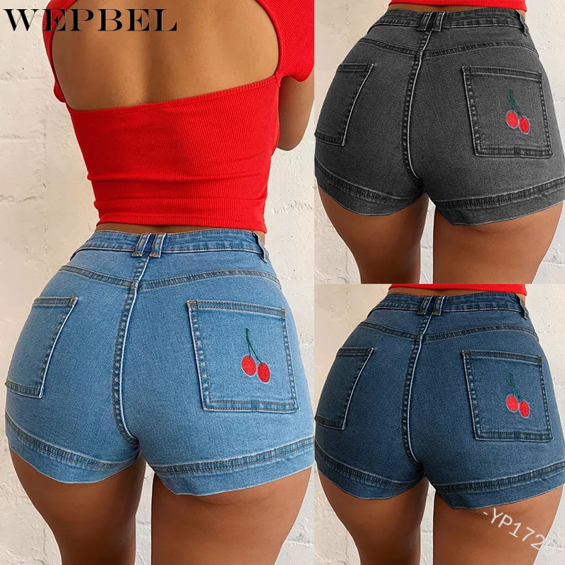 

WEPBEL Denim Shorts Summer Embroidered Pocket Slim Fit Patchwork Shorts Women's Solid Color Low Waist Button Straight Shorts