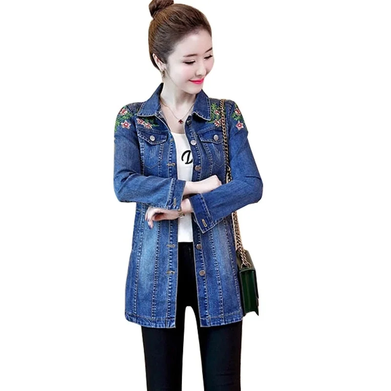 

2021New Spring Autumn Female Denim Jacket Embroidered Flowers Mid-Length Jean Outwear Women's Single-Breasted Slim Trench Coats