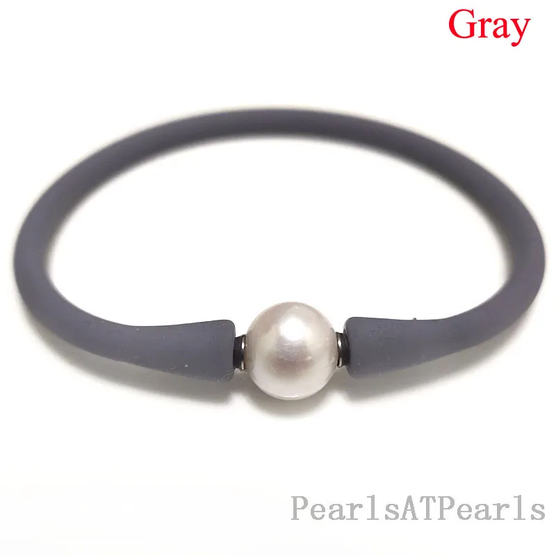 

6 inches 10-11mm One AA White Natural Round Pearl Gray Elastic Rubber Silicone Bracelet For Men