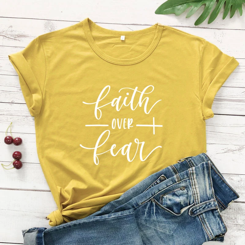 mustard-white text Faith Over Fear футболка женская модная вдохновленная Религиозная Христианская Церковь топы футболки Повседневная летняя графическая футболка tumblr наряд - Цвет: mustard-white text