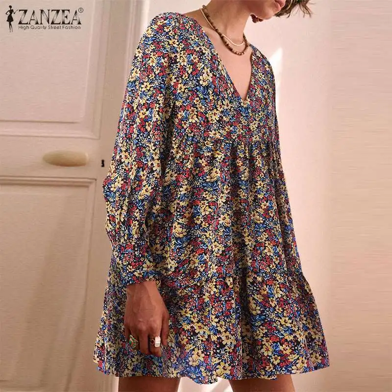 

ZANZEA Vintage Bohemian Ruffle Kaftan Holiday Mini Dress Fashion Floral Printed Sundress Women Elegant Full Puff Sleeve Vestidos