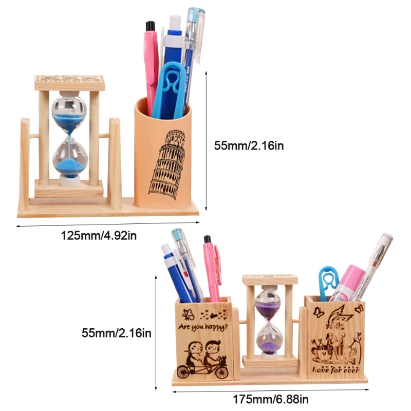 

Multi-purpose Wooden Pen Holder with Mini Wooden Hourglass Desktop Decorations 85DC