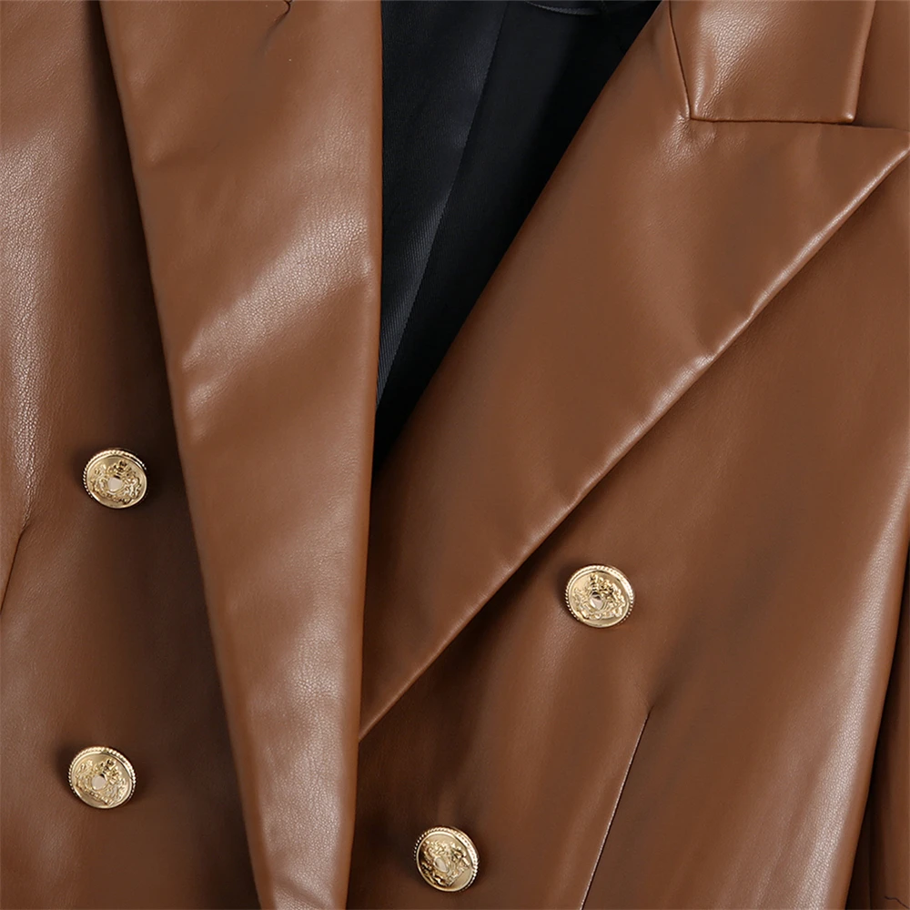 KEYANKETIAN ZA Women's Brown Faux Leather Blazer Long Sleeve Jacket Autumn Double-breasted Office Elegant Women's Blazer