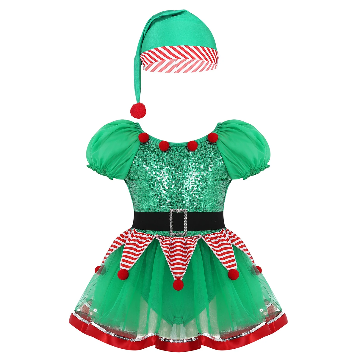 

Kids Girls Christmas Fairy Spirit Costume Dancewear Outfit Short Puff Sleeves Sequined Mesh Tutu Leotard Dress with Hat 2Pcs Set