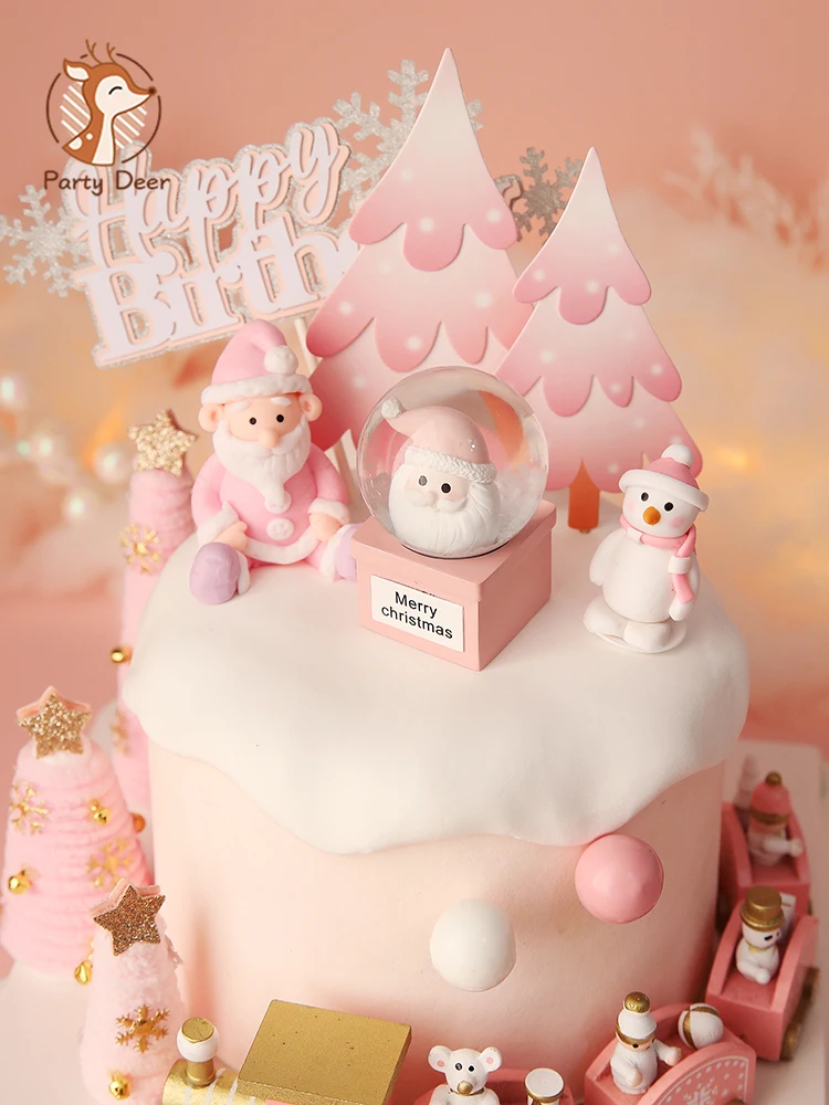 Розовый медведь для рождественской елки Санта Клаус Рождественский торт Топпер