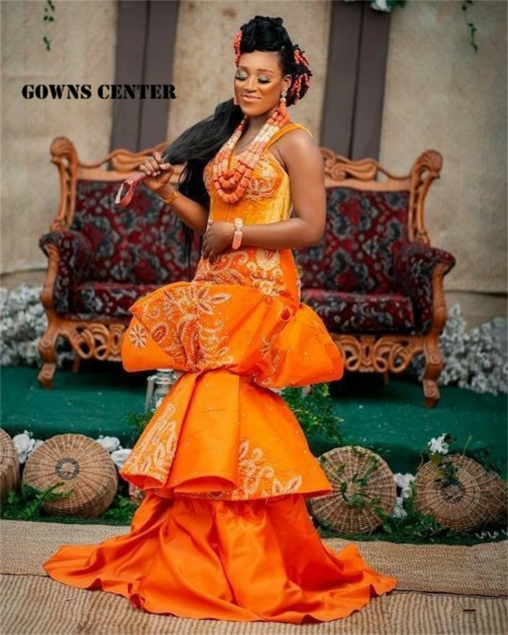 

Orange Aso Ebi Lace Styles Evening Dresses Ruffles Mermaid African Fashion Dress For Women Party Wear Formal