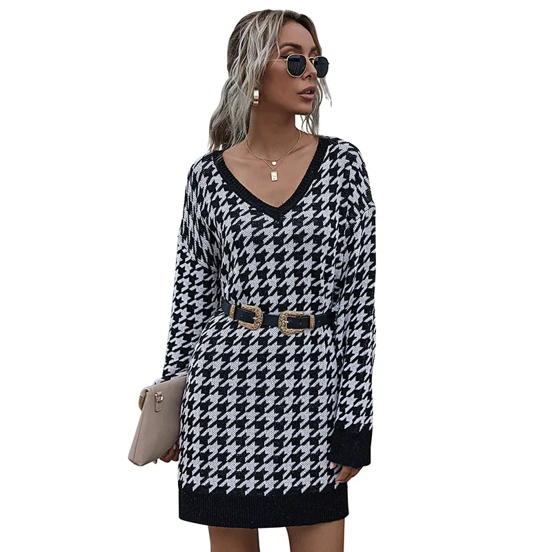 

V-neck knitted plaid long Women Sweater Winter Fashion Casual long-sleeved Female Dres s Fall 2020 Women Clothing
