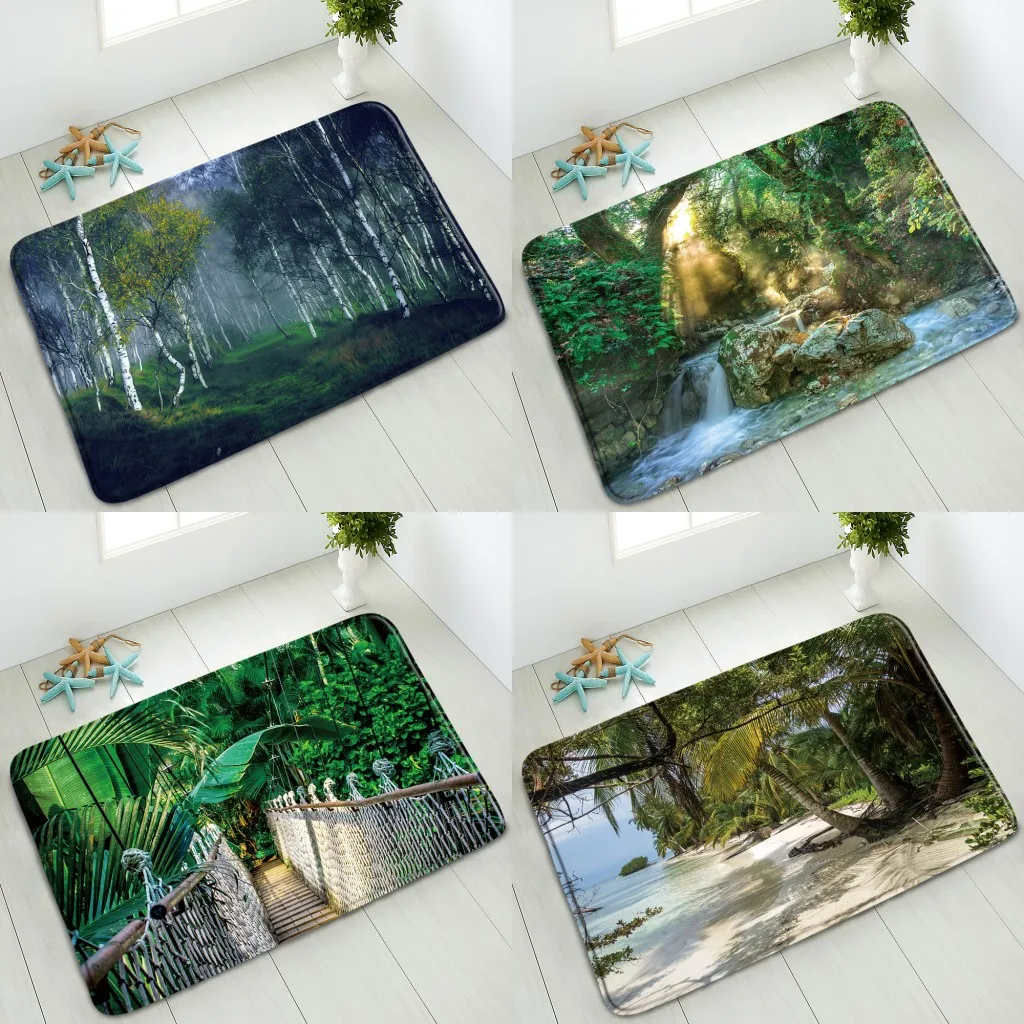 

Коврик для ванной комнаты, с природным пейзажем, нескользящий, с зелеными лесными растениями, пальмами, водопадом, океаном, входной коврик, в...