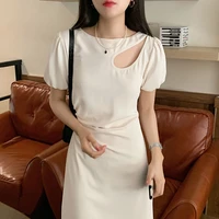 one piece korean hollow pleated waist puff sleeve dress female 2021 summer french round neck femme womens solid casual dresses