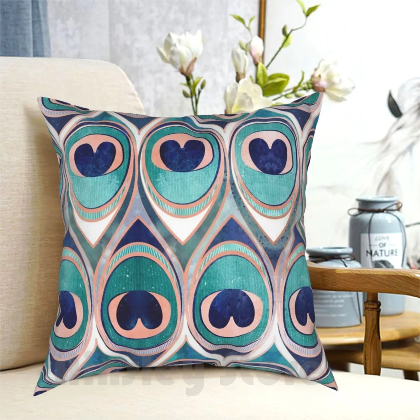 

Peacock Feathers Eye / / Teal Blue And Metal Coral Rose Pillow Case Printed Home Soft DIY Pillow cover Feathers