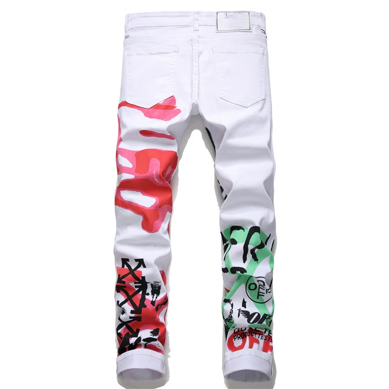 Men'S Jeans White Printing Slim Denim Trousers Biker High Quality Male Straight Casual Designer Comfortable Advanced Pants