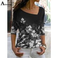 plus size 5xl ladies elegant fashion t shirt irregular collar womens top clothing 2021 autumn bohemian flower print tees shirt