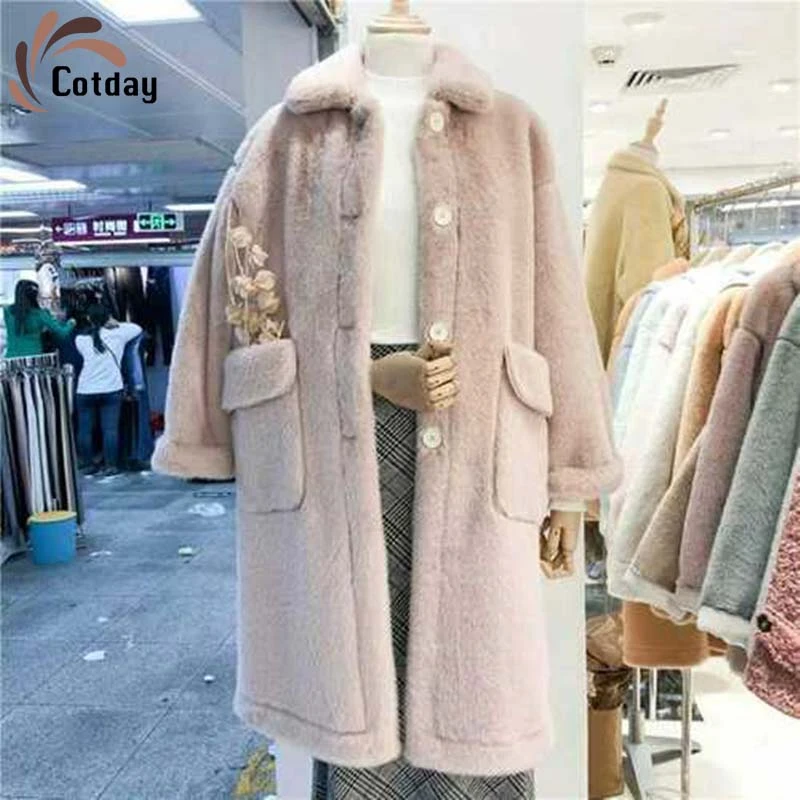

Cotday Winter Fur 2020 New Imitation Mink Velvet Loose Warm Mid-length Single Breasted Women One Piece Of Fur Woolen Blend Coat