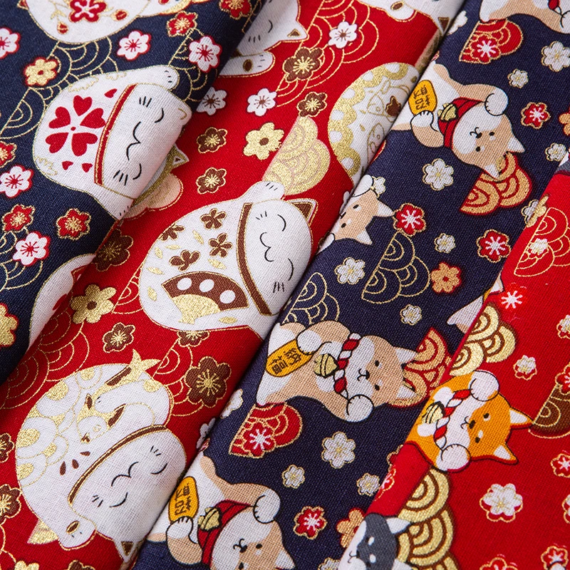 Ткань хлопковая бронзовая для платья в японском стиле с принтом виде кошки и