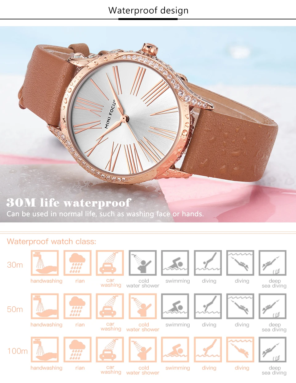 MINIFOCUS, классические, элегантные, синие, кожаные, женские часы, Iced Out, кварцевые, женские часы, водонепроницаемые, простой дизайн, модные, женские часы