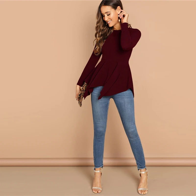 SHEIN Однотонный Топ С Асимметричным Низом И Молнией Женская Черная Классическая Блузка С Длинными Рукавами