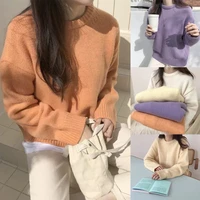 women autumn chunky knitted long sleeve tops round neck solid color faux wool sweater casual oversized loose basic pullover