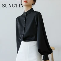 sungtin vintage lantern sleeve blouse women office lady black white chiffon shirt high quality loose solid korean ol casual tops