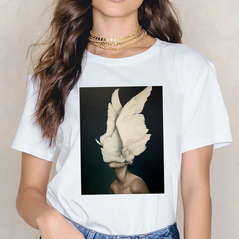 

Fashion Short Sleeve TShirt Wings Feather Surreal Artwork Printed Soft White Top Tees Casual O Neck T-Shirt Unisex TShirt Cloth