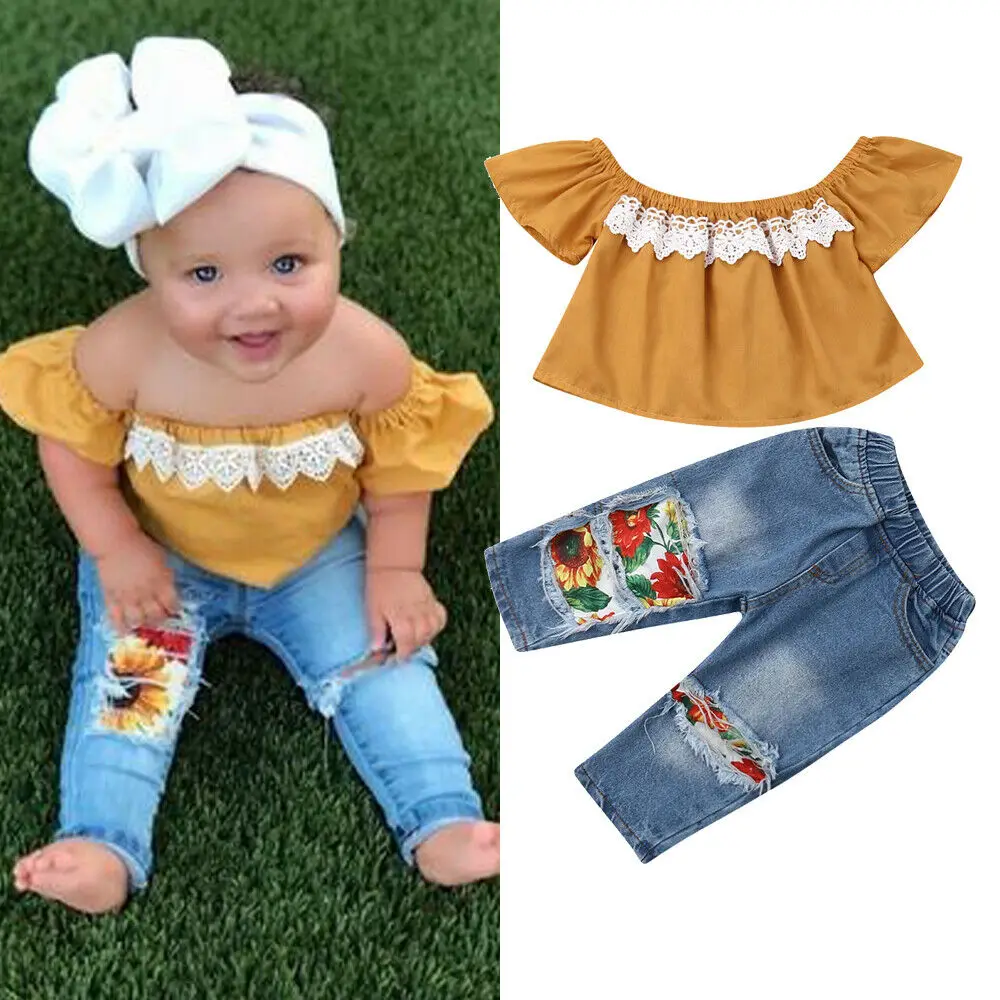 

2PCS Toddler Kids New born Baby Girl Clothes Off Shoulder Lace Shirt Tops+Sunflowers Hole Denim Pants Outfits 1-5Y Fast Shipping