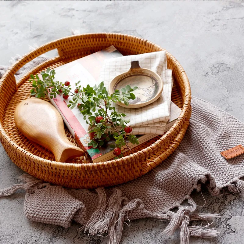 Rattan Basket Hand-Woven Coffee Breakfast Severing Tray Food Storage Platters Bread Plate with Handler For Drink Snack Tea | Дом и сад