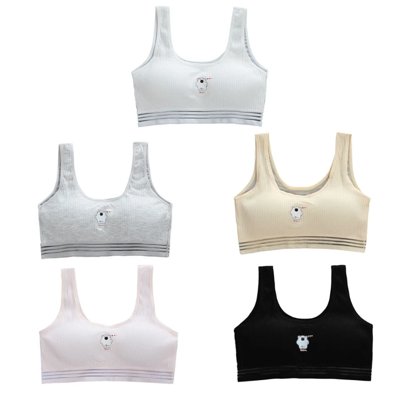 

Young Girls Sport Training Bra Cartoon Bear Ribbed Bralette Mesh Padded Crop Top