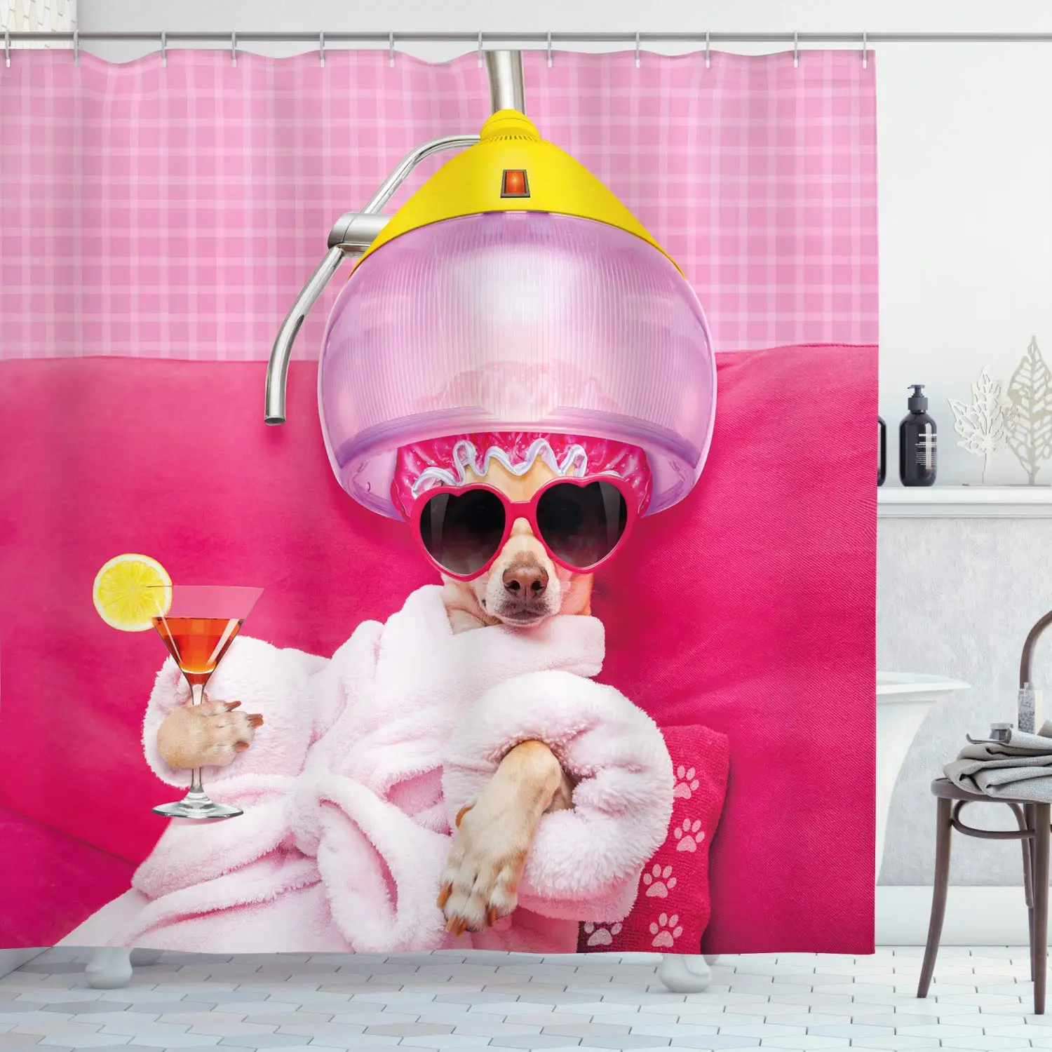 

Funny Pink Chihuahua Dog Shower Curtain Relaxing and Lying in Wellness Spa Fashion Puppy Comic Fabric Bathroom Decor Set