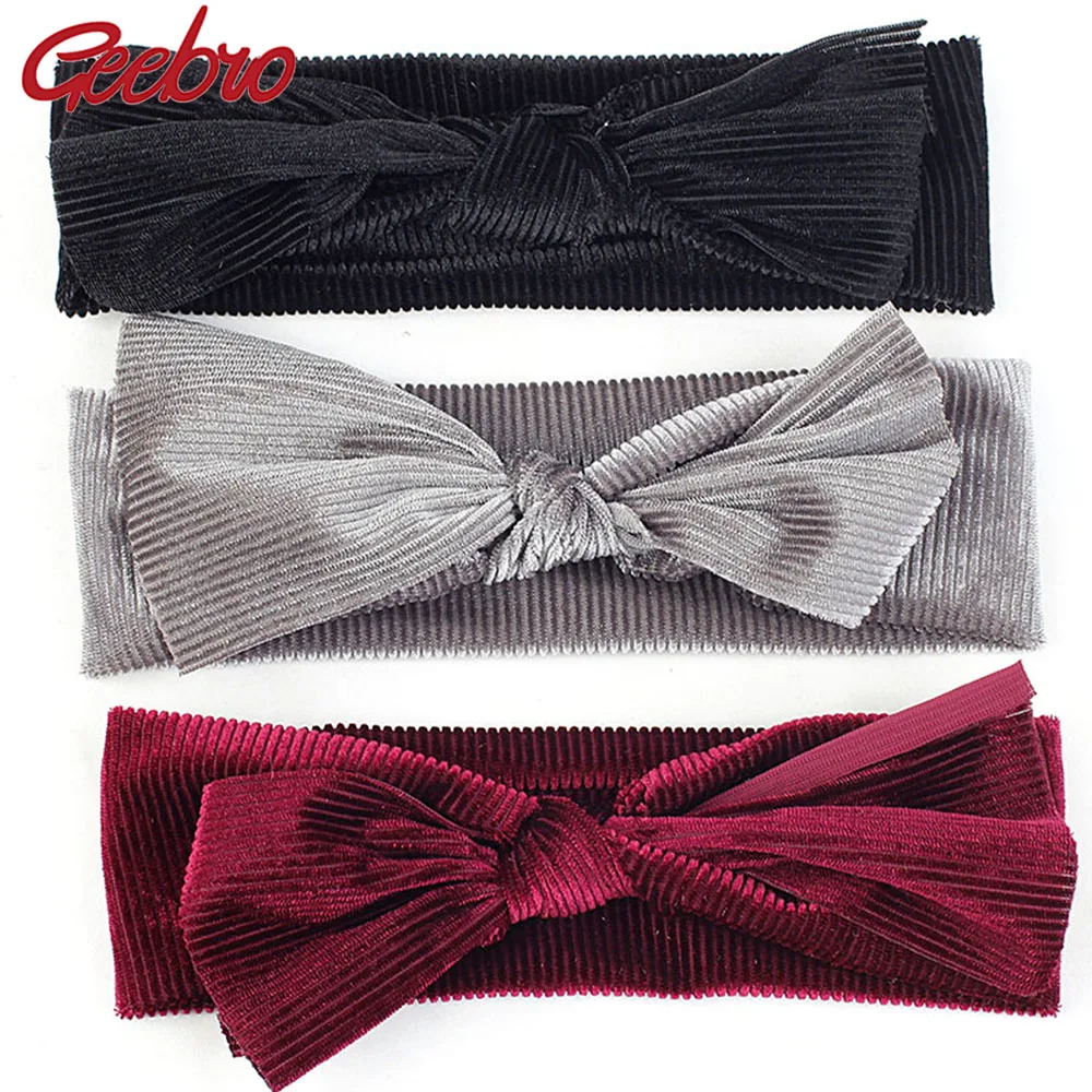 Geebro Ribbed Kids Velvet Bow Children's Hair Band For 0-3 Years Old Baby Turban Headwrap Elastic Kids Hair Accessories
