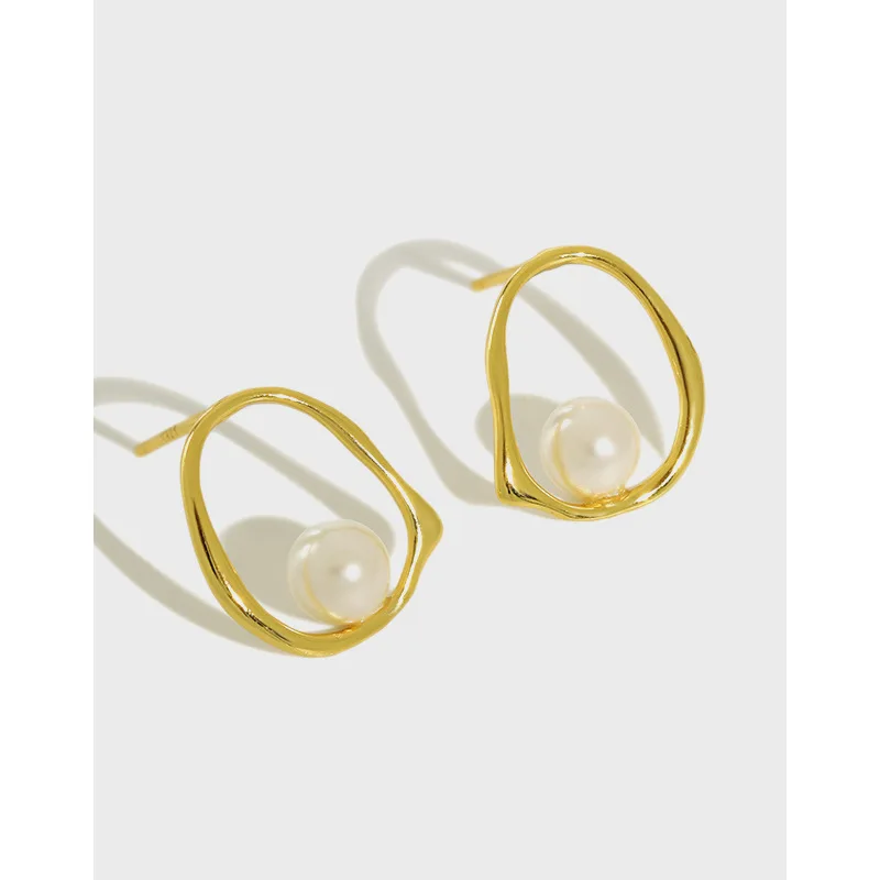 

Trendy 100% 925 Sterling Silver Hollow Irregular Earrings For Women Accessories,Simulated Pearl Stud Earrings Gold Color Jewelry