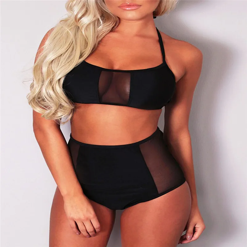 

Black Swimsuit Two Pieces Women Bandeau Bikini Set High Waist Swimwear Female Bathing Suits Mesh Maillot Femme
