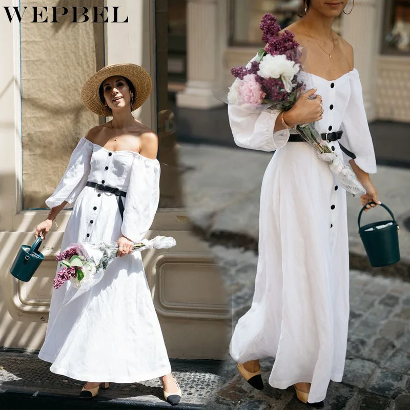 

WEPBEL Summer Sexy Solid Color Single-Breasted Slash Neck Dress Women's Casual Long Sleeve Strapless High Waist Split Dress