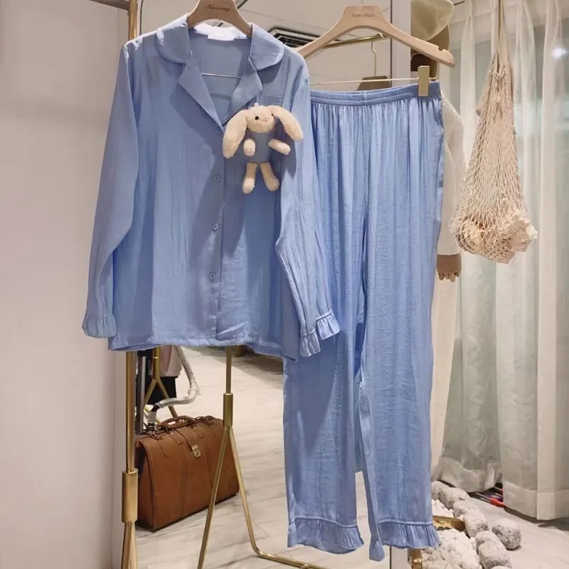 

Silk Pajamas for Women Long-Sleeved Cardigan Thin Nightwear 2-Piece Set 2021 Spring&Summer Solid Breathable Simple Sleepwear