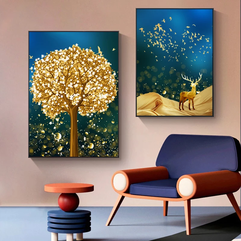 

Nordic Tree Animals Silhouettes Posters And Prints Modern Painting Canvas Wall Art Golden Pictures Living Kid's Room Home Decor