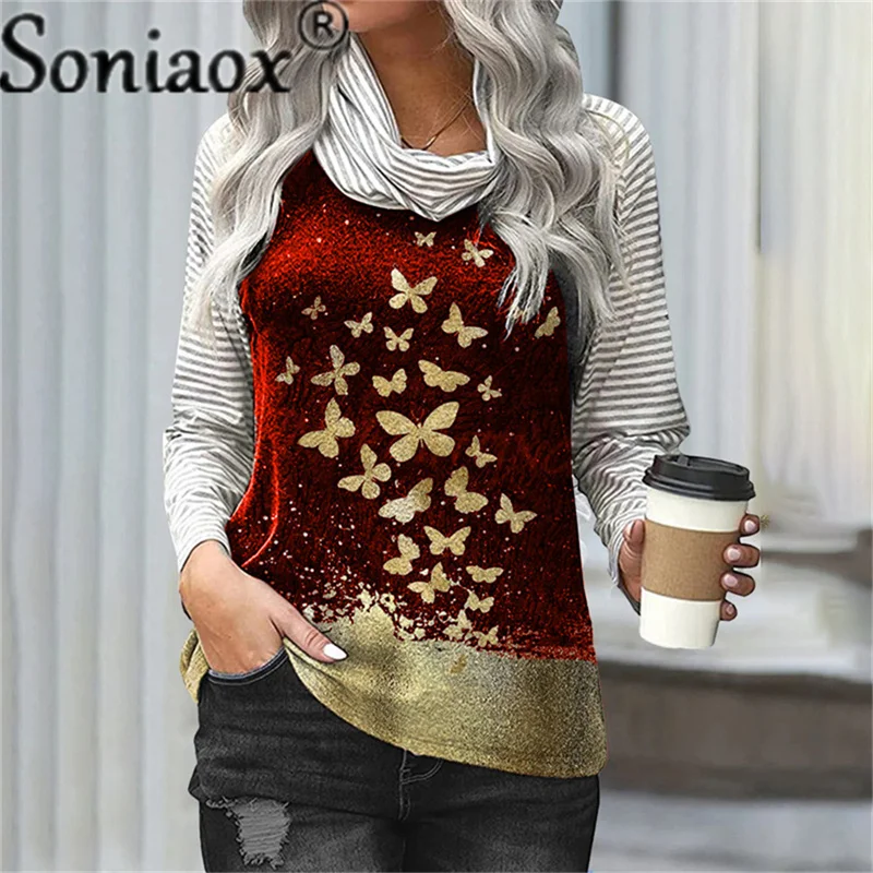 

Women Spring Autumn Fashion Casual T-Shirt Bronzing Butterfly Print Turtleneck Tops Striped Color Contrast Long Sleeve Pullover