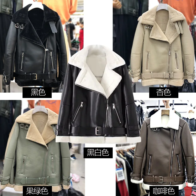 

S 2021 Plus To Size 4XL 5XLWomen Leather Jacket Fur Winter Locomotive Warm Thick Sheepskin Shearing Faux Leather Suede Coat