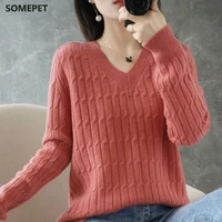 autumn and winter twist sweater women loose korean version all match big size jacket new v neck long sleeve head bottom sweater