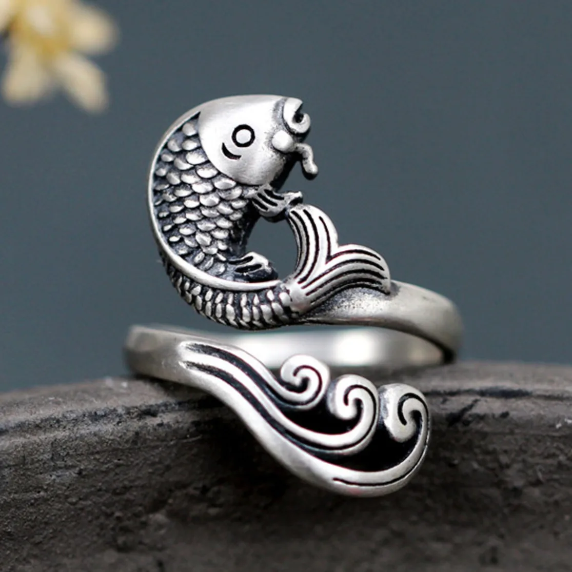 

925 Sterling Silver Vintage Carp Ring For Man And Woman Resizable Size Retro S925 Silver Knuckles Unisex Rings All Fingers